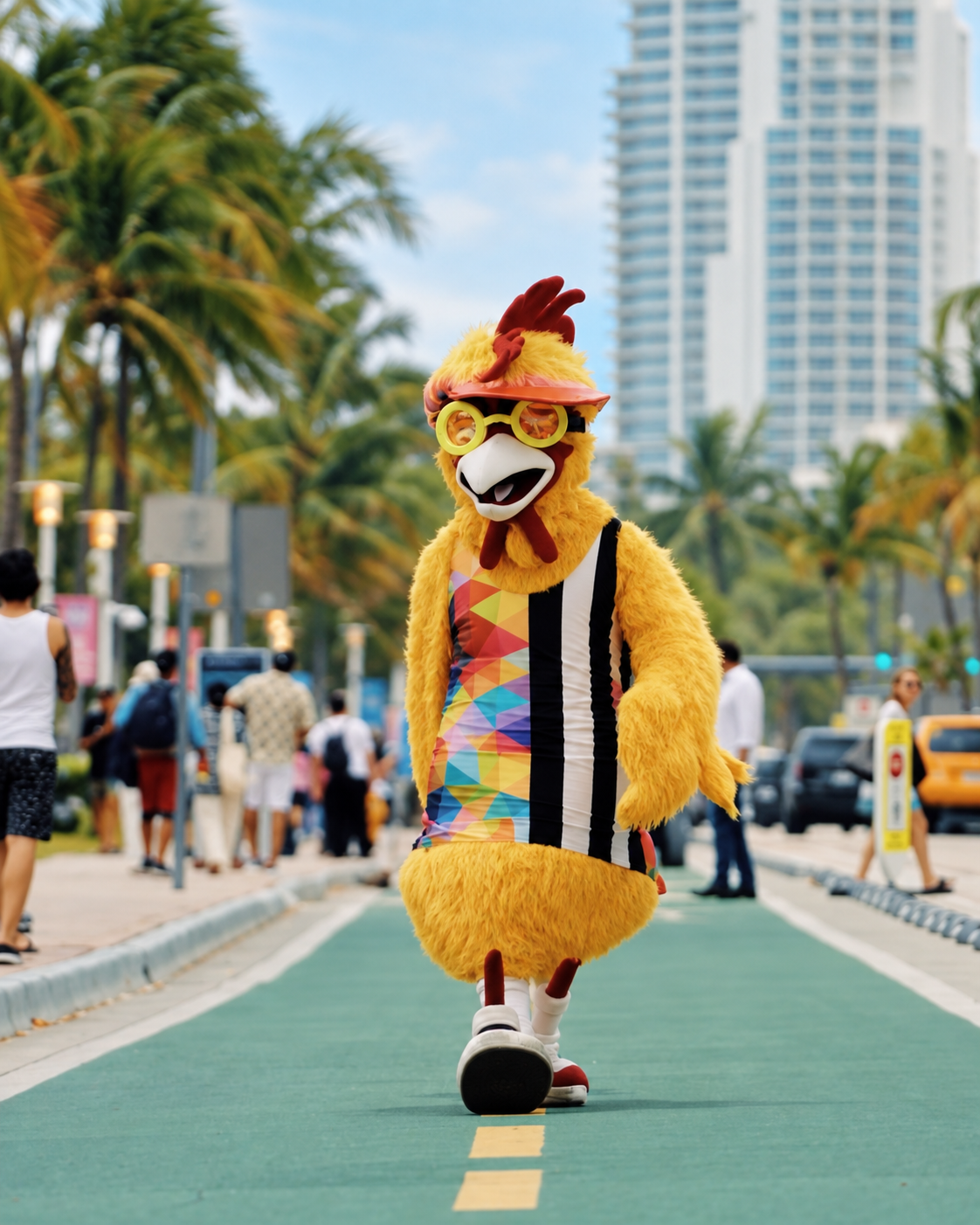 The yellow elrow chicken mascot walking down a palm-lined Miami street